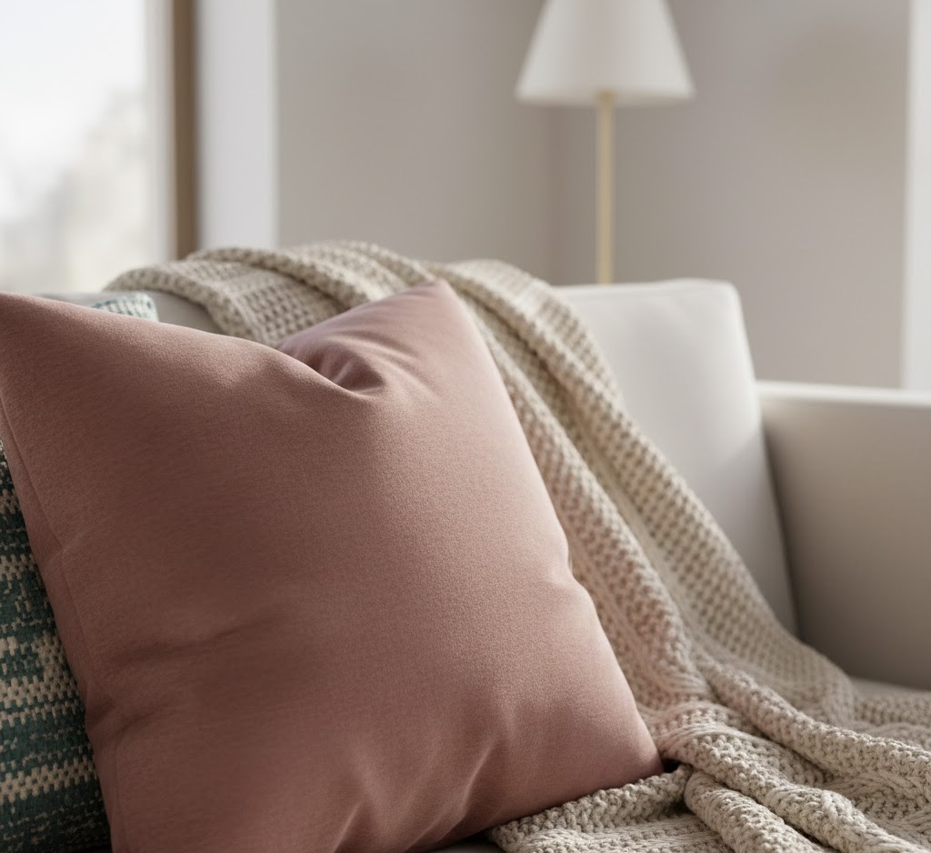 Luxurious velvet cushion and knitted throw on modern sofa